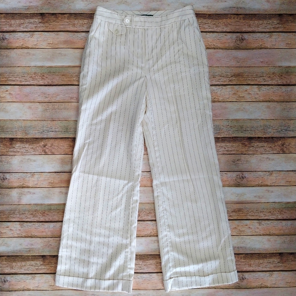 LRL Cream/Black Pinstriped Cuffed Wide Leg Pant